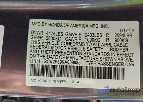 2019 Honda Accord Sport 2.0T z USA, uszkodzony, nr VIN 1HGCV2F39KA008835